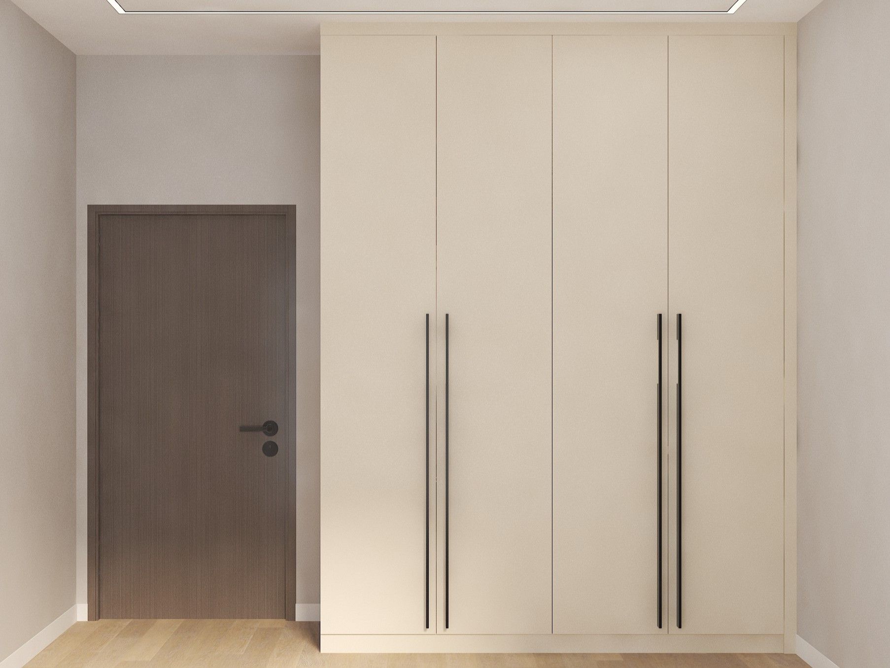 Sleek floor-to-ceiling wardrobe with black handles and a dark wooden door in a minimalist room - Beautiful Homes