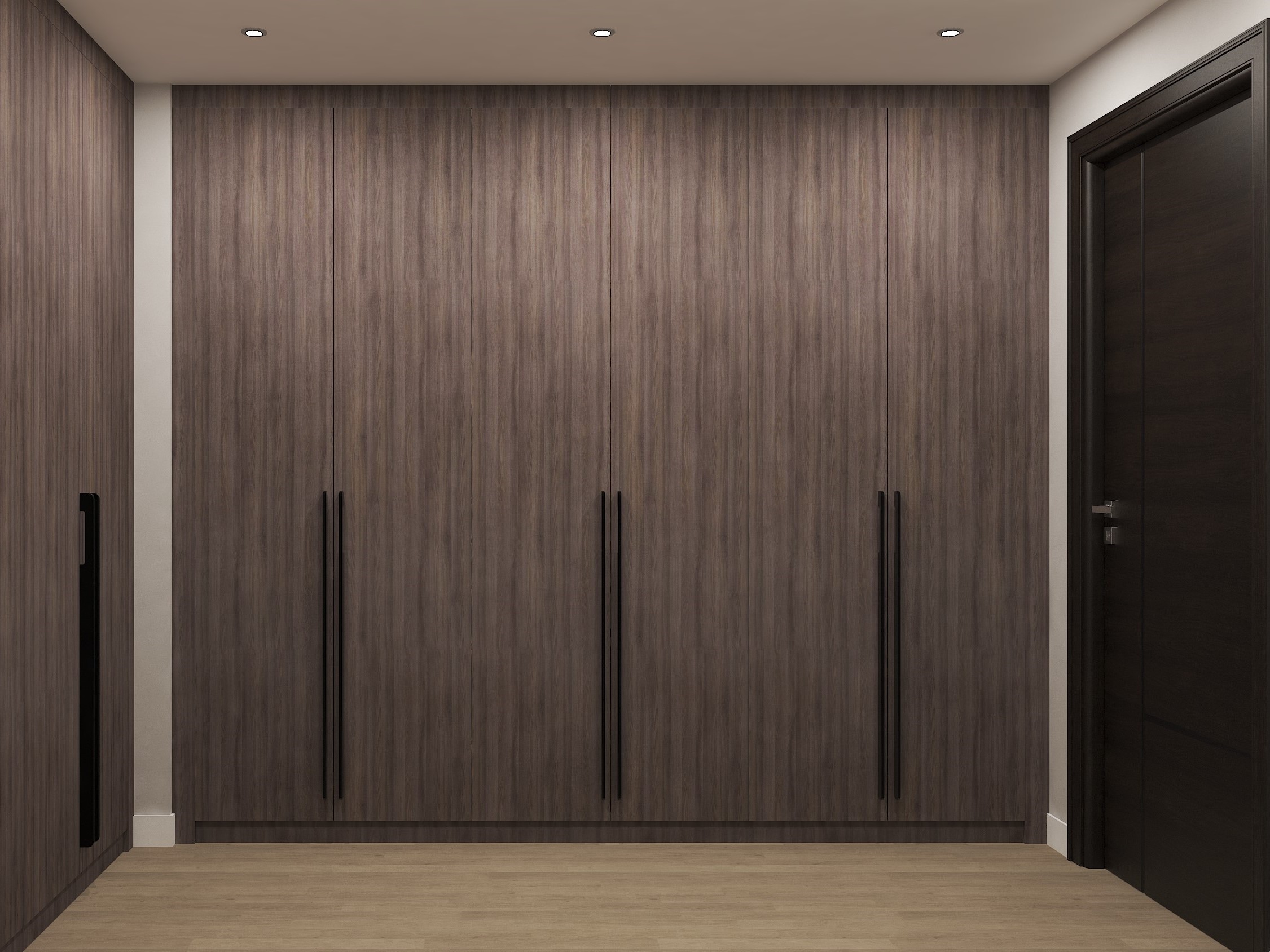 Full wall wooden wardrobe with modern black handles - Beautiful Homes