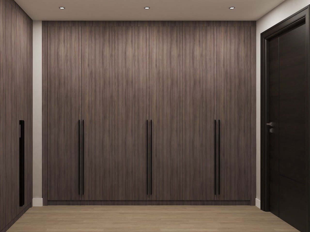 Full wall wooden wardrobe with modern black handles - Beautiful Homes