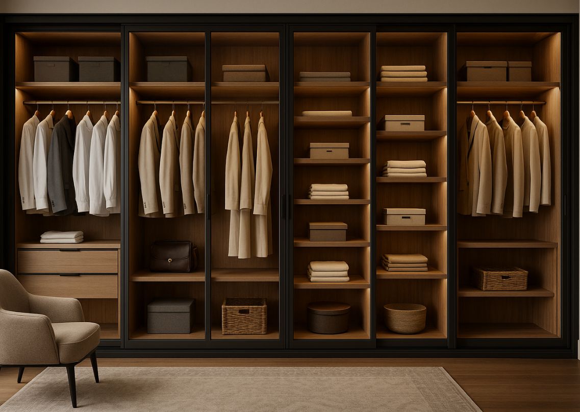 Spacious wooden wardrobe with lighting and storage - Beautiful Homes