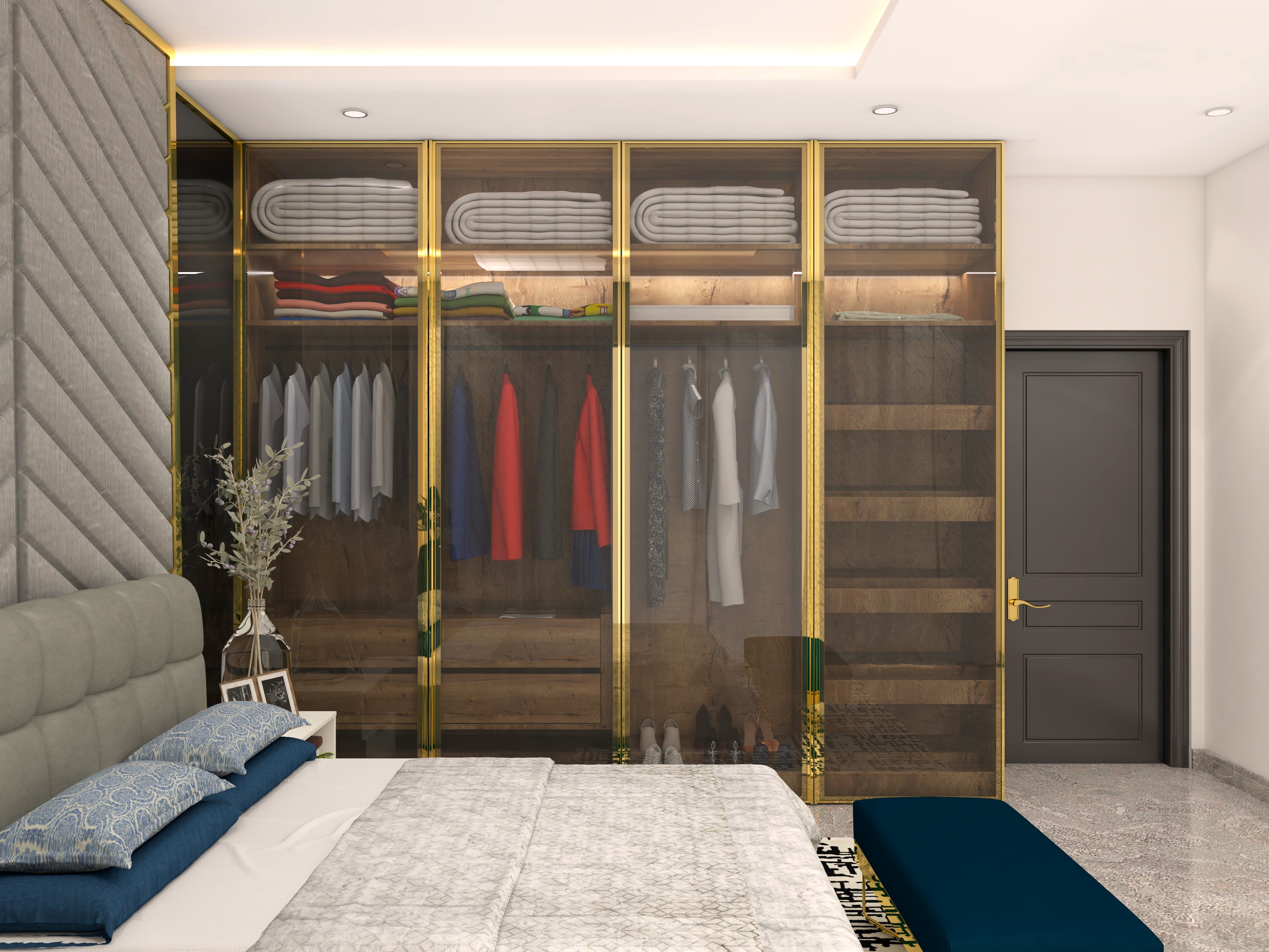 Glass sliding wardrobe with golden frame-Beautiful Homes