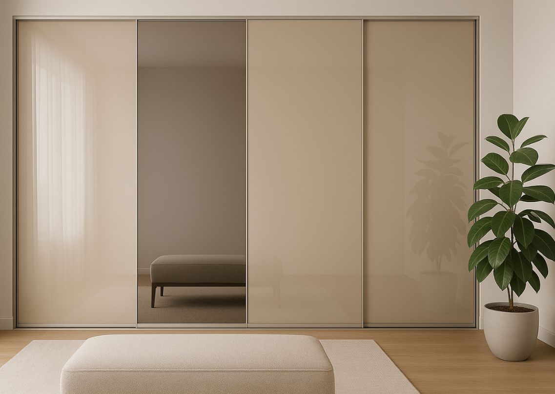 Minimalist beige sliding wardrobe design with mirror - Beautiful Homes
