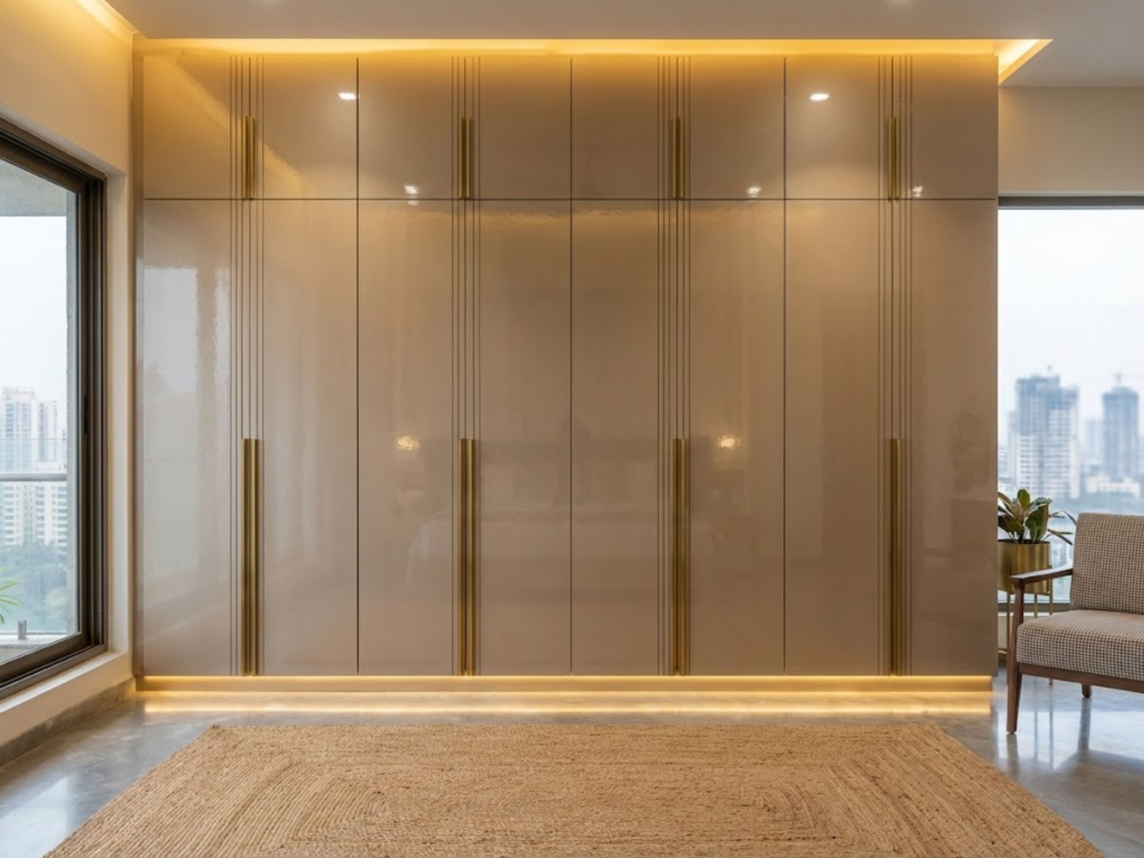 Modern wardrobe with glossy finish and warm lighting - Beautiful Homes