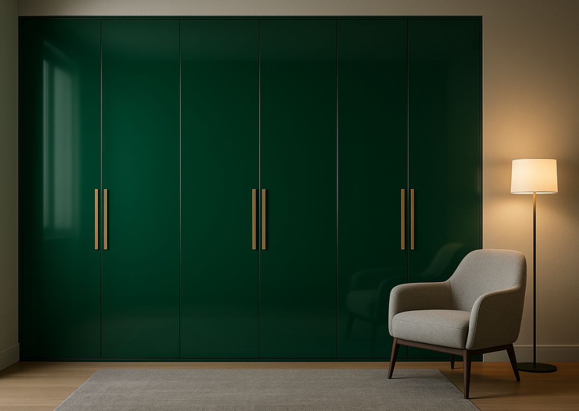 Glossy green wardrobe with gold handles and chair - Beautiful Homes