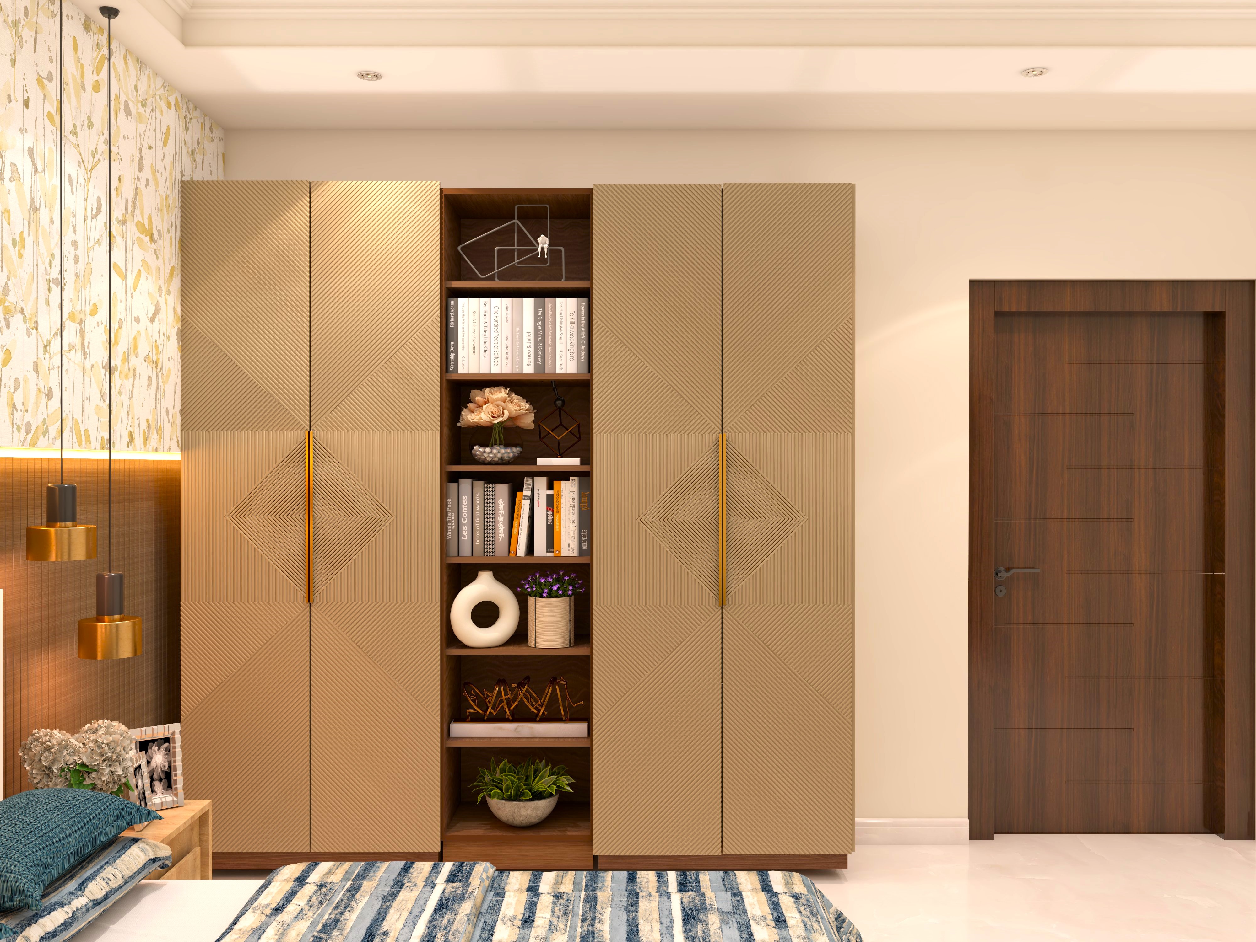 Golden textured laminate design for wardrobe with shelves-Beautiful Homes