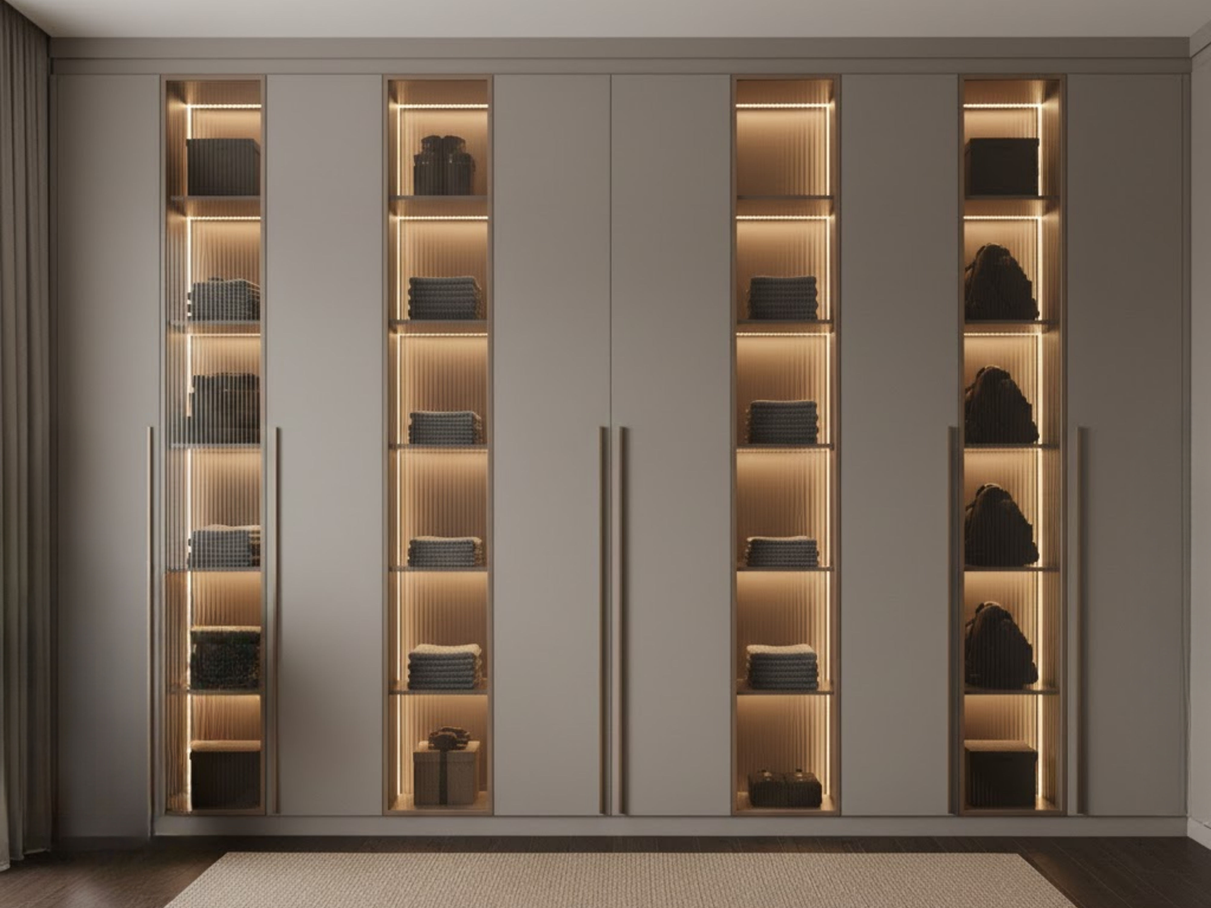 Wardrobe with glass panels and warm lighting - Beautiful Homes