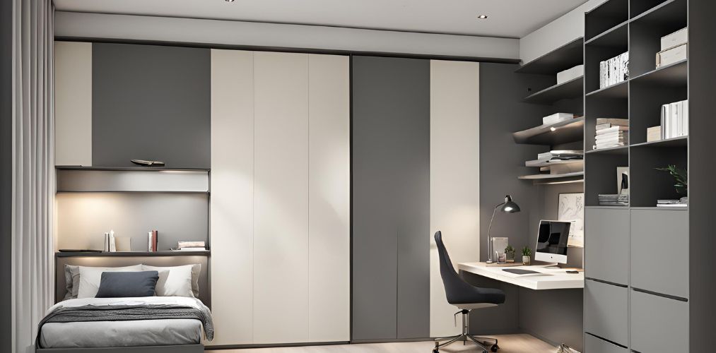 Grey and off-white wardrobe with integrated study table - Beautiful Homes