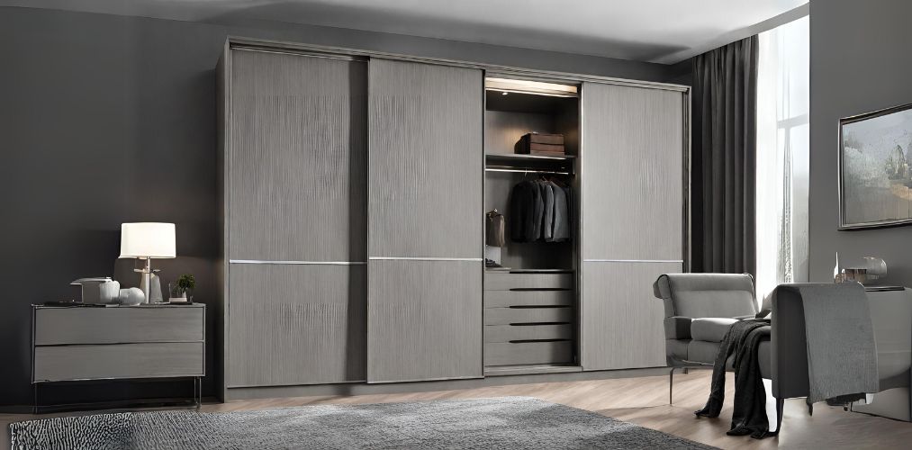 Grey sliding wardrobe with textured finish - Beautiful Homes