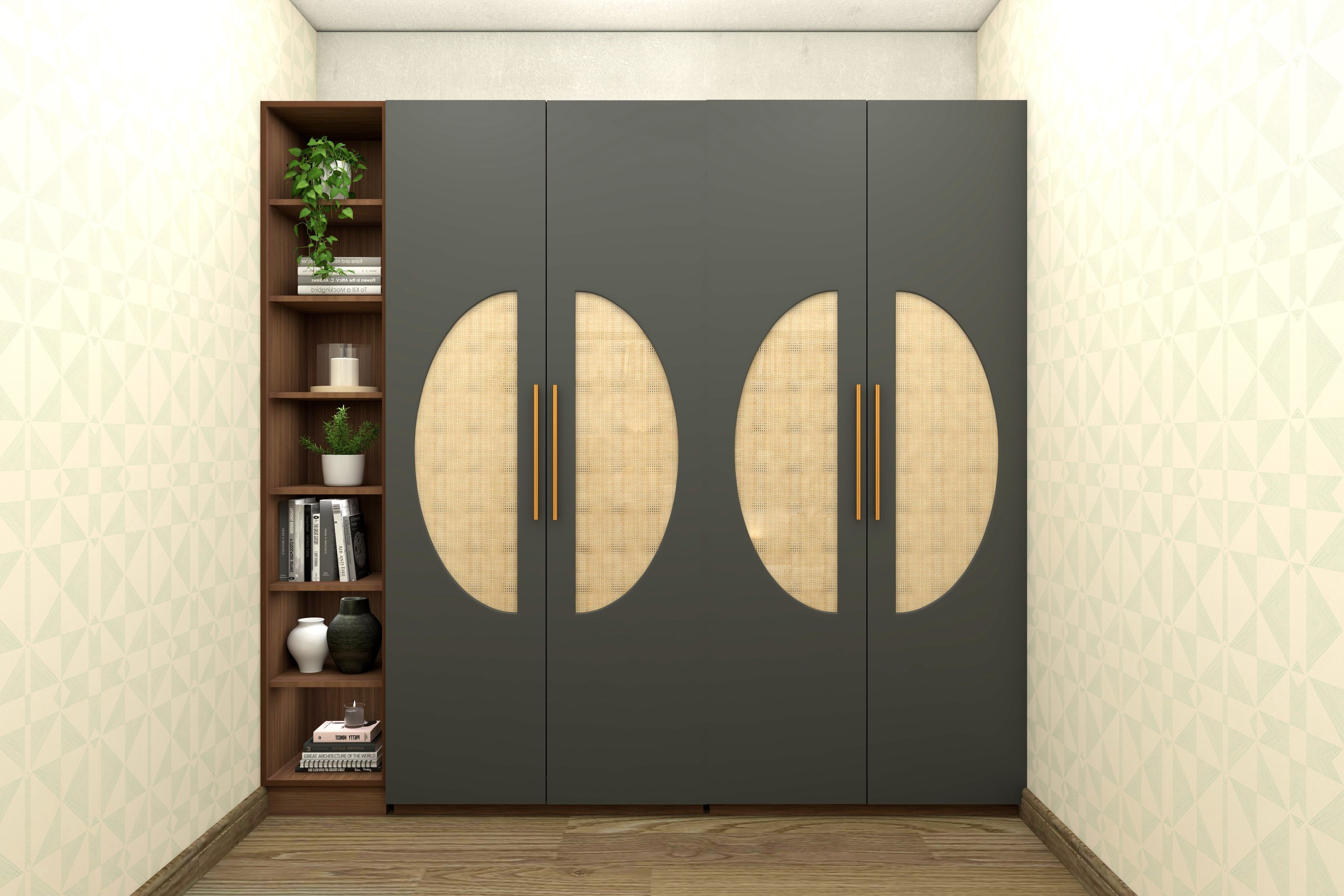 Grey swing wardrobe with cane cutouts and golden handles-Beautiful Homes