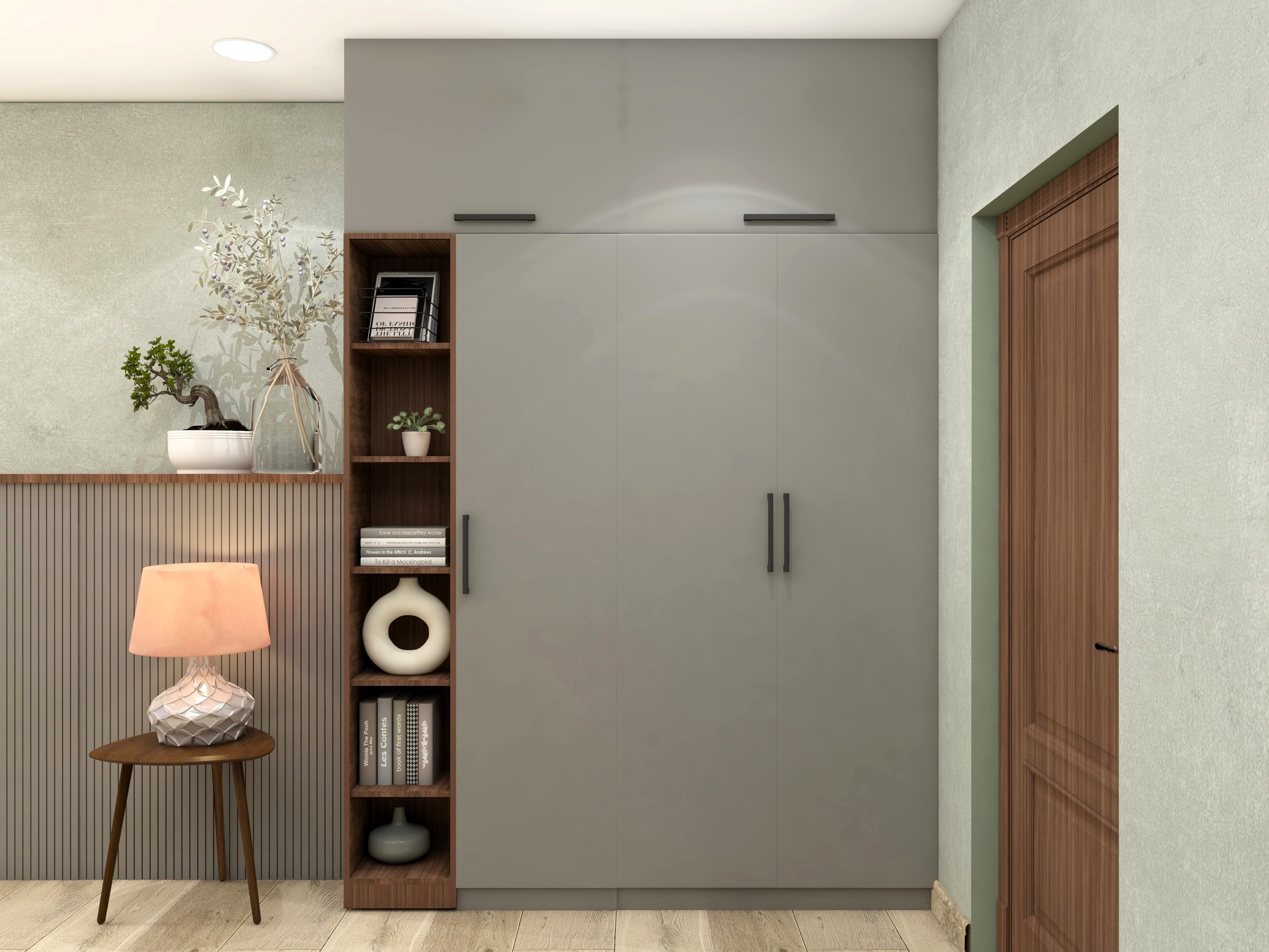 Grey swing wardrobe with loft and shelves-Beautiful Homes