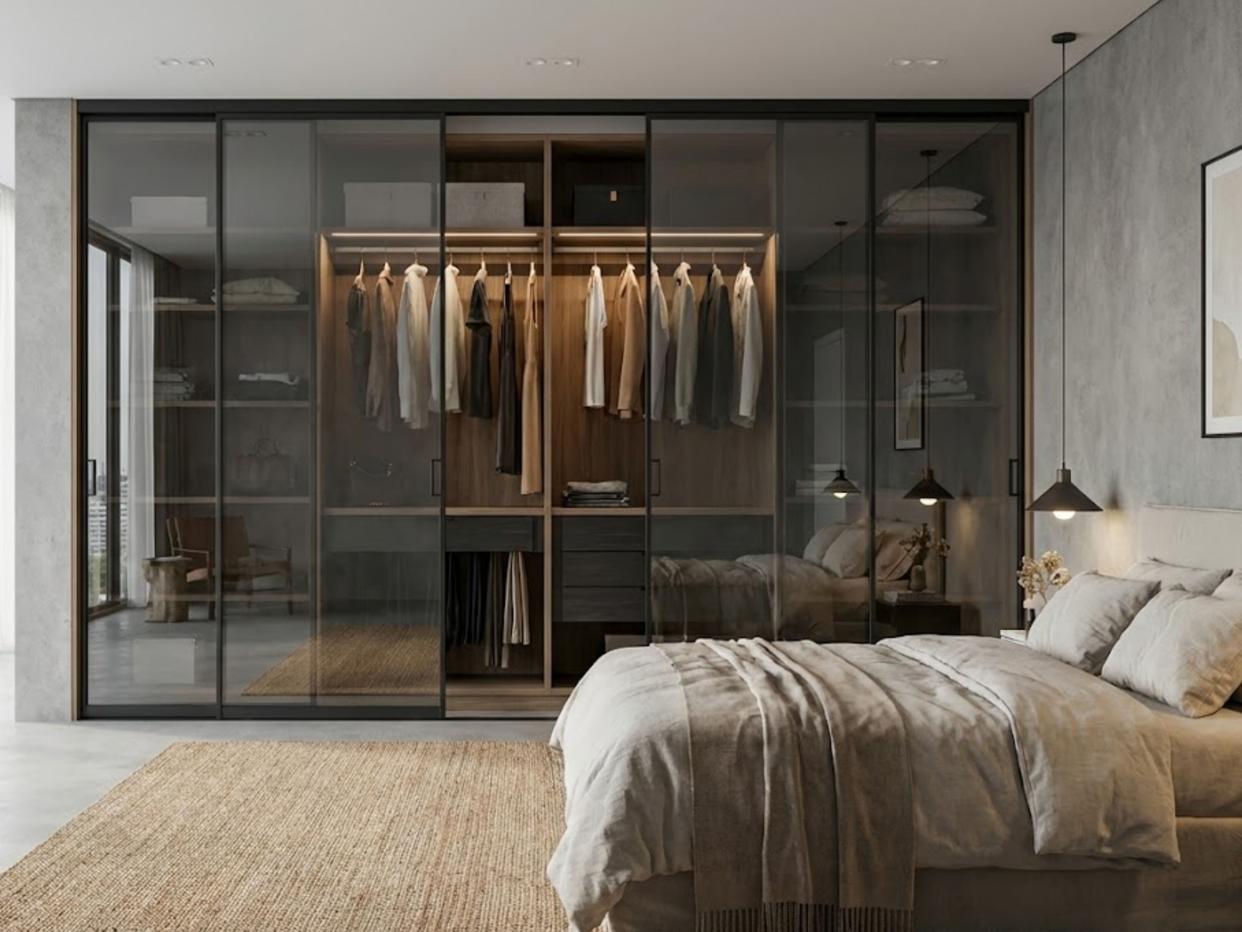 Bedroom with glass wardrobe and warm wooden accents - Beautiful Homes