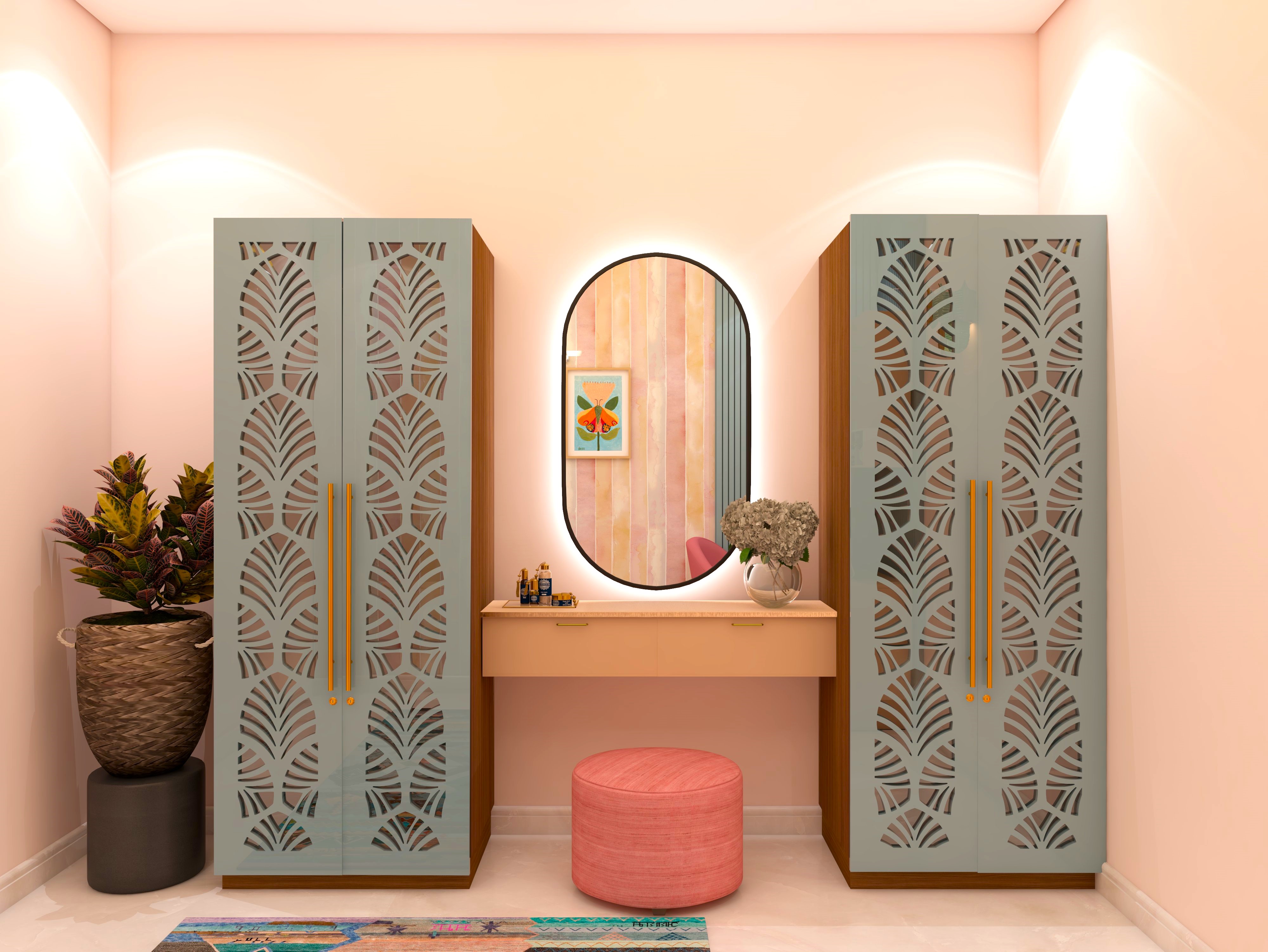 Grey wardrobe with intricate design and dressing table with led mirror-Beautiful Homes
