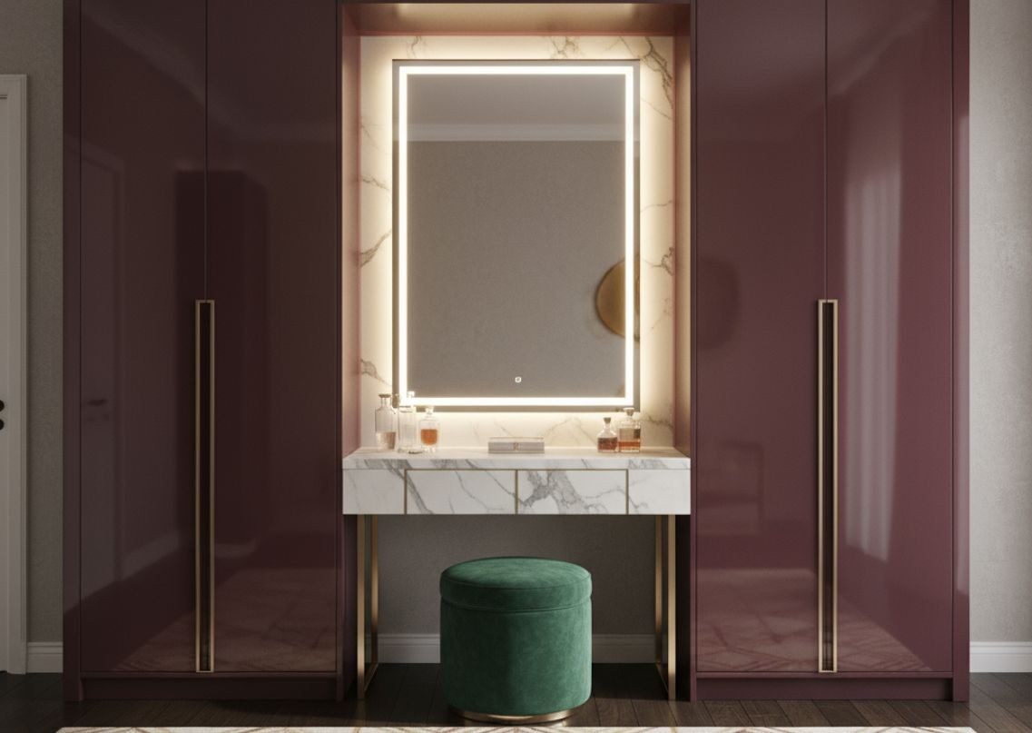 Glossy burgundy lacquer wardrobe with dressing table - Beautiful Homes