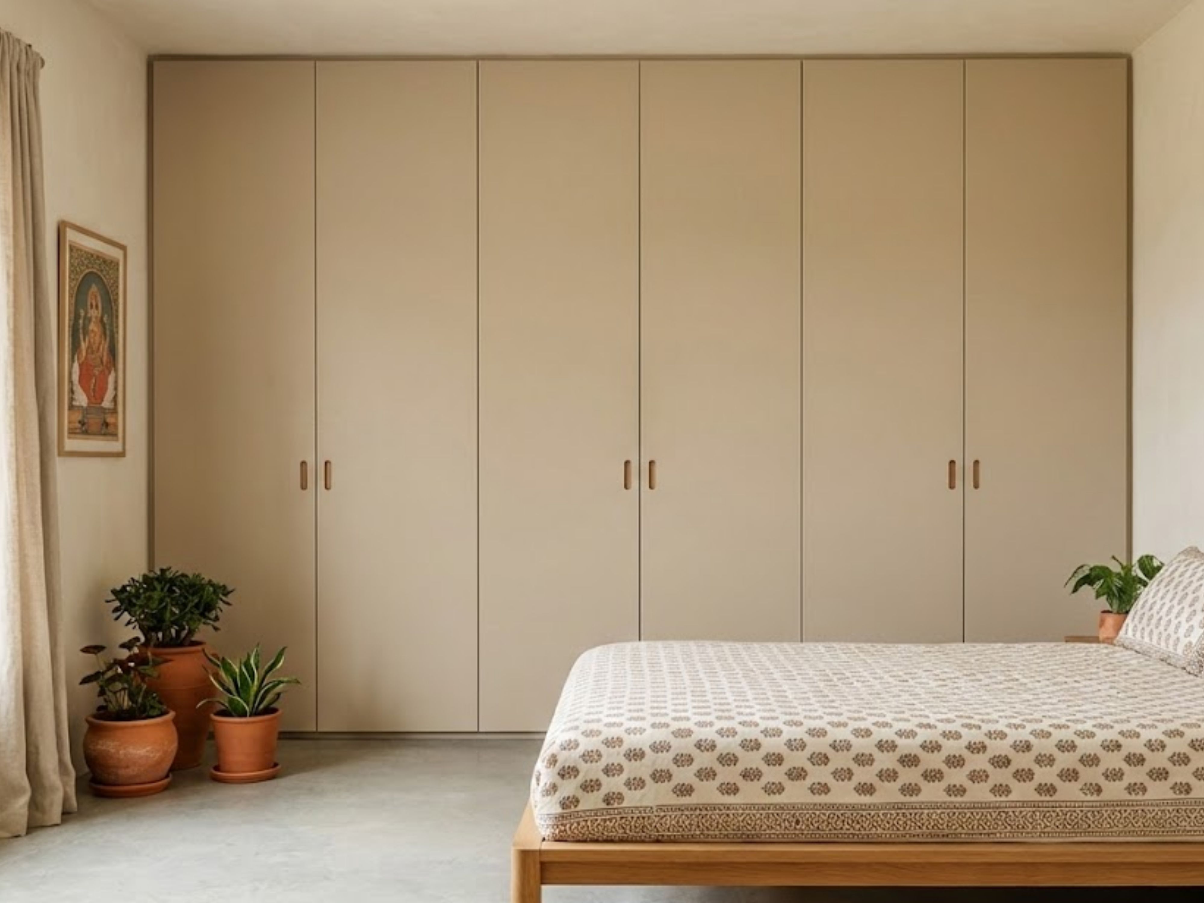 Bedroom with beige wardrobe and wooden furniture - Beautiful Homes