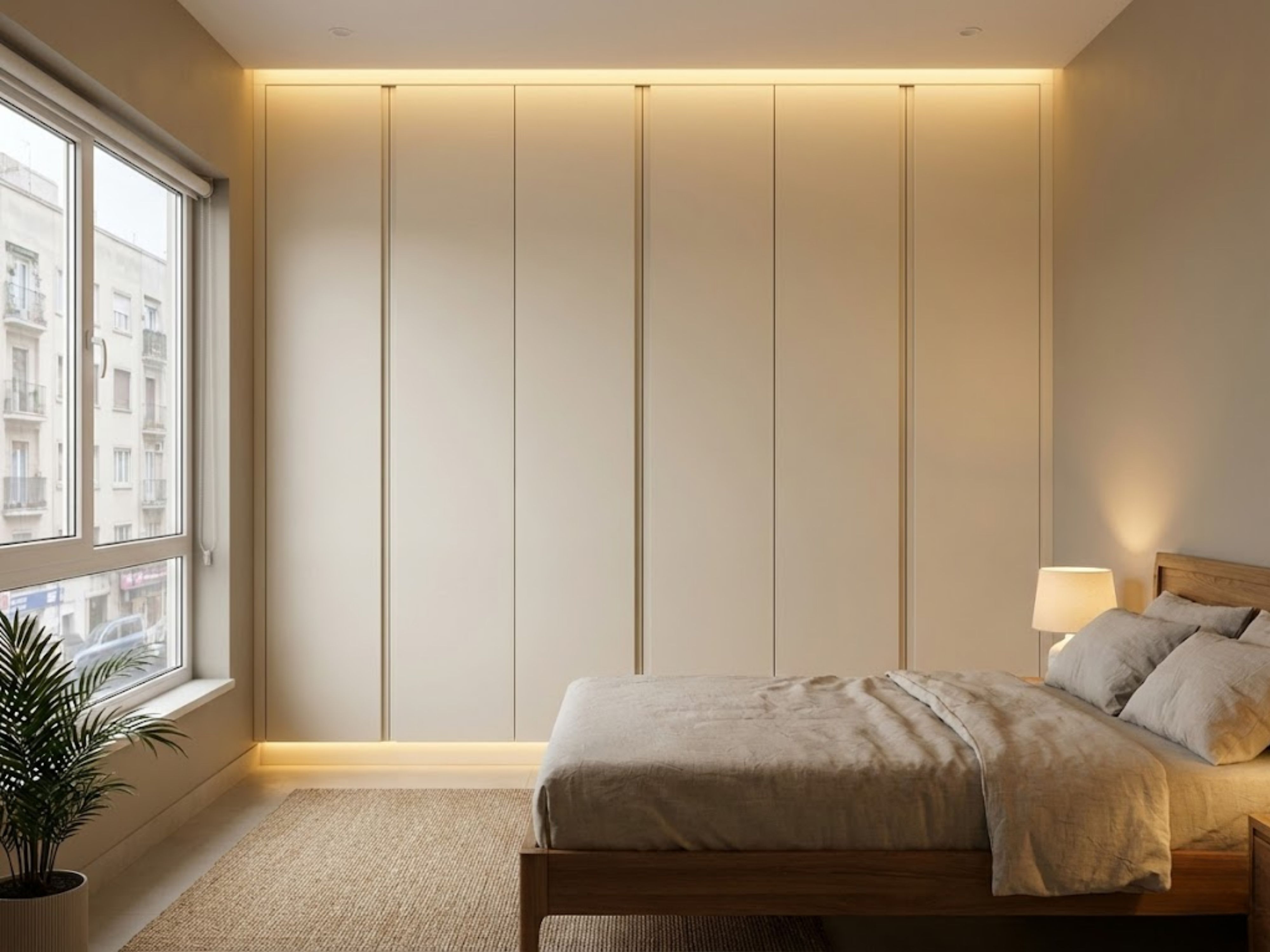 Modern bedroom with beige tones and sliding wardrobe - Beautiful Homes