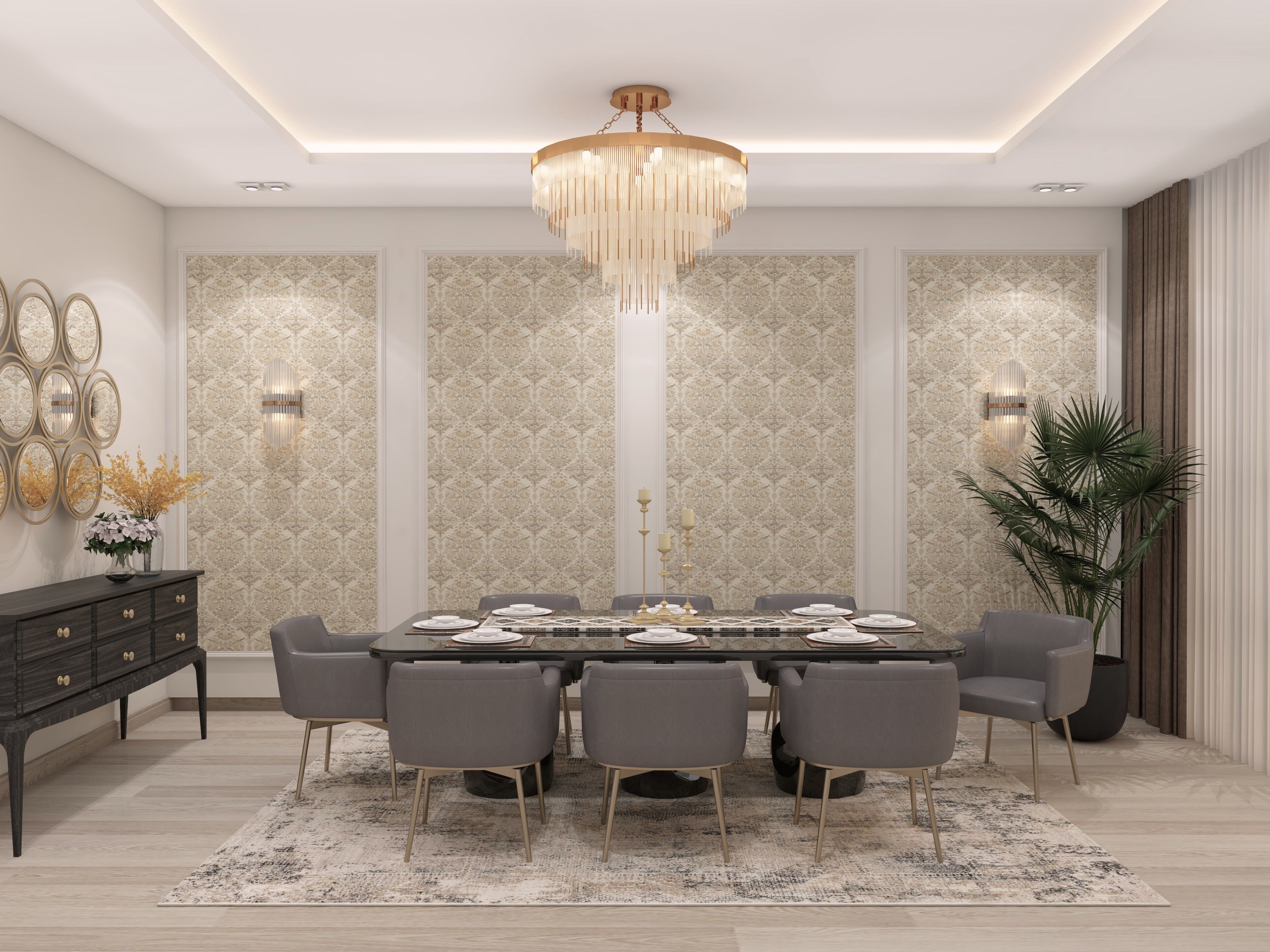 Formal dining room featuring a glossy table, upholstered chairs, and a grand chandelier - Beautiful Homes