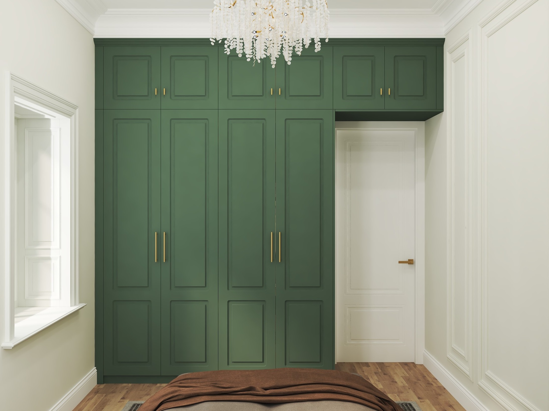Green wardrobe with golden handles and wooden flooring - Beautiful Homes