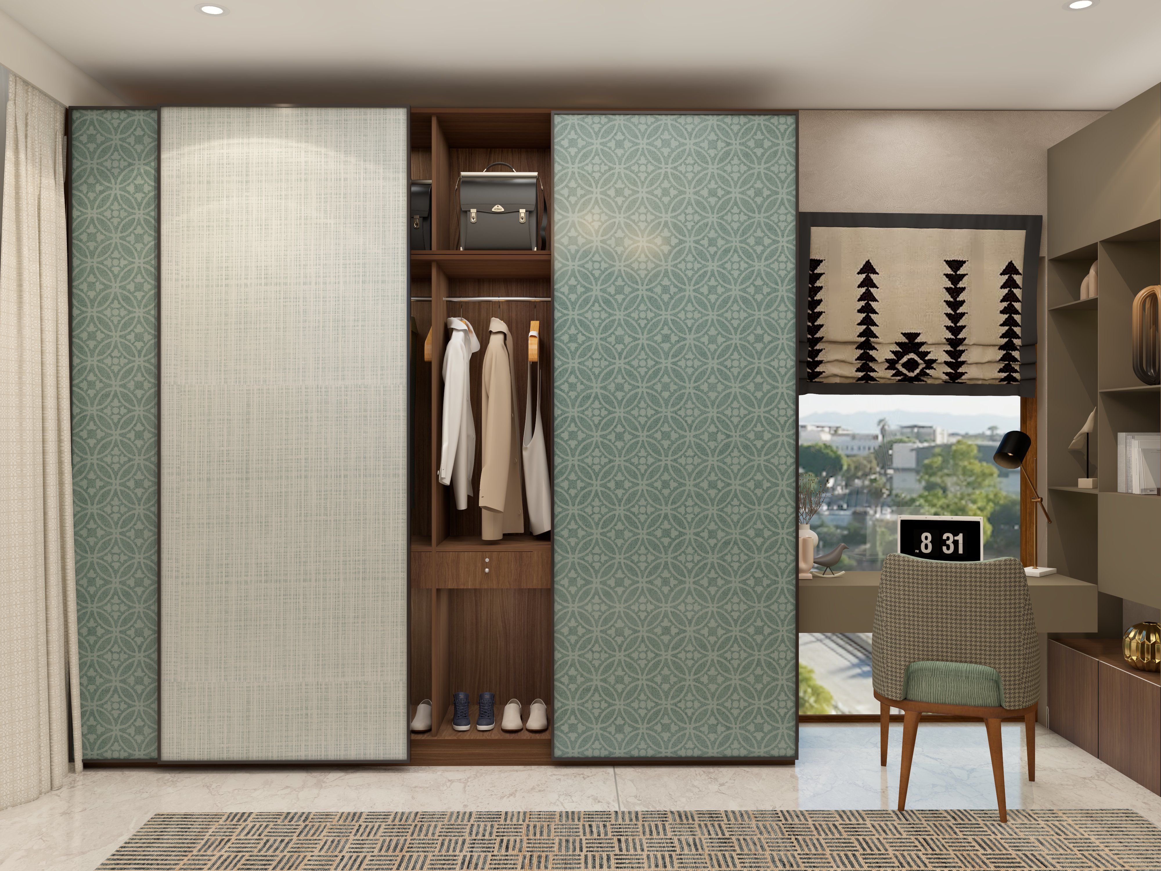 Teal sliding wardrobe with functional study setup - Beautiful Homes