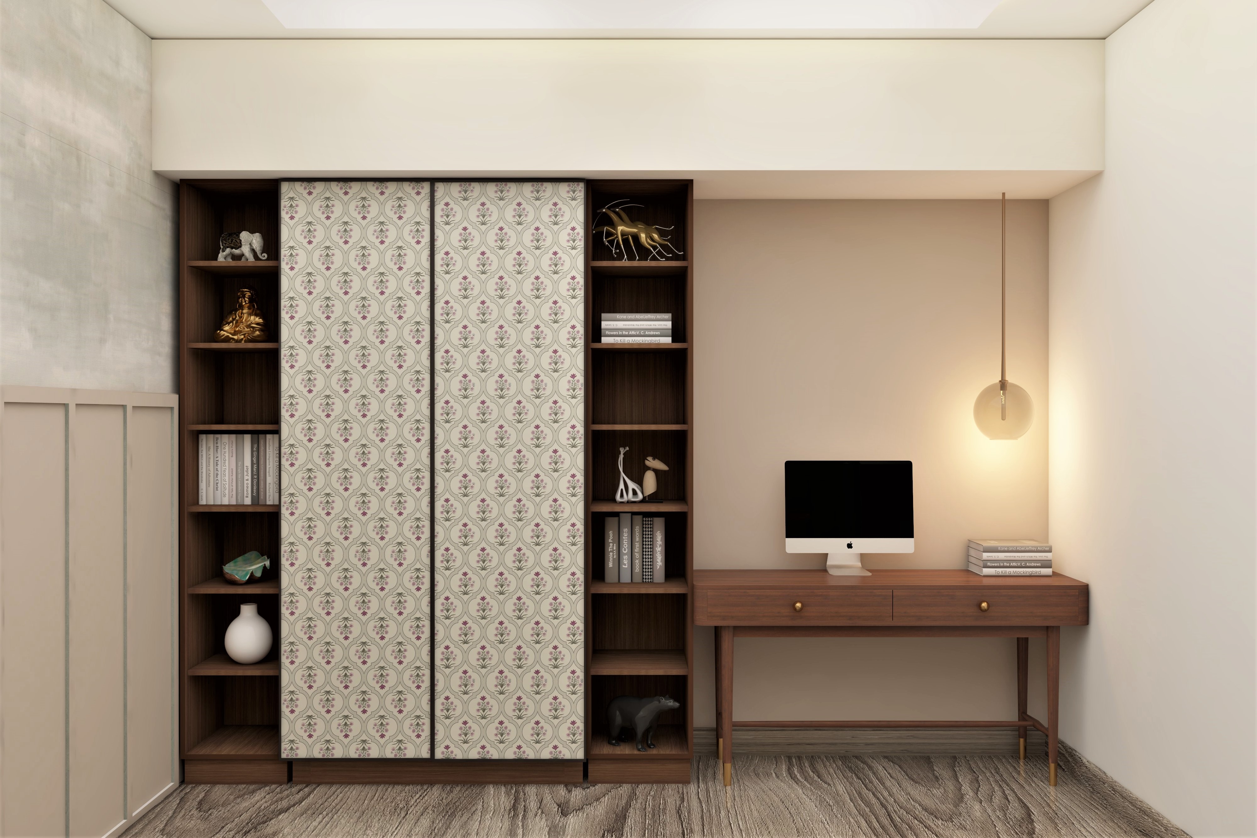 Wooden wardrobe design with study table and shelves-Beautiful Homes