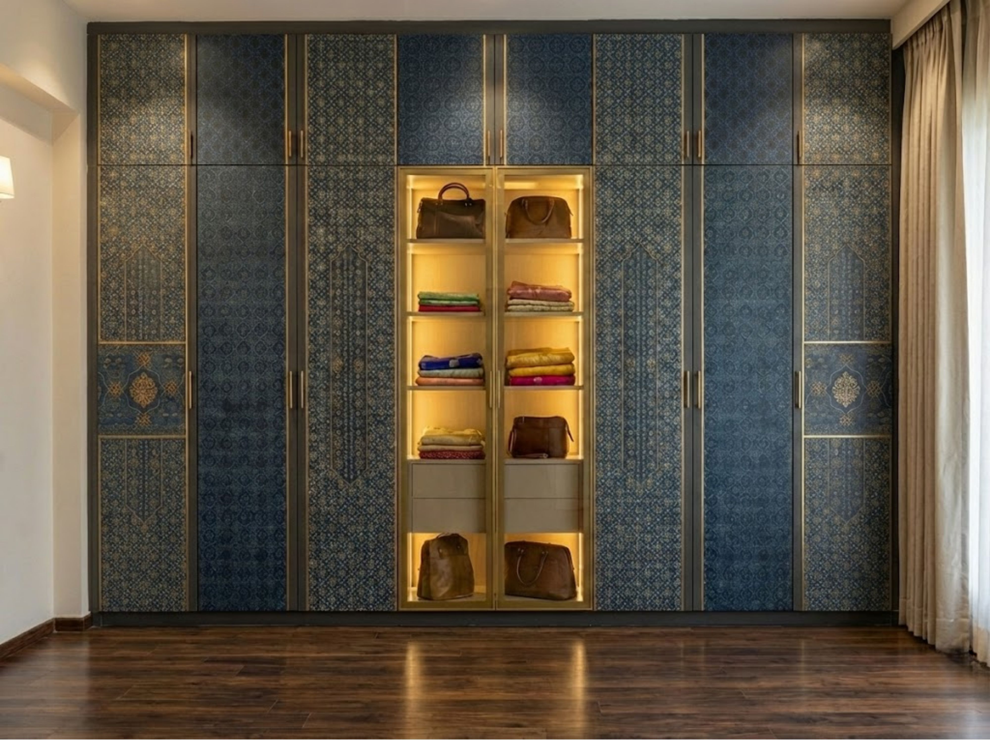 Blue patterned wardrobe with open shelves and lighting - Beautiful Homes