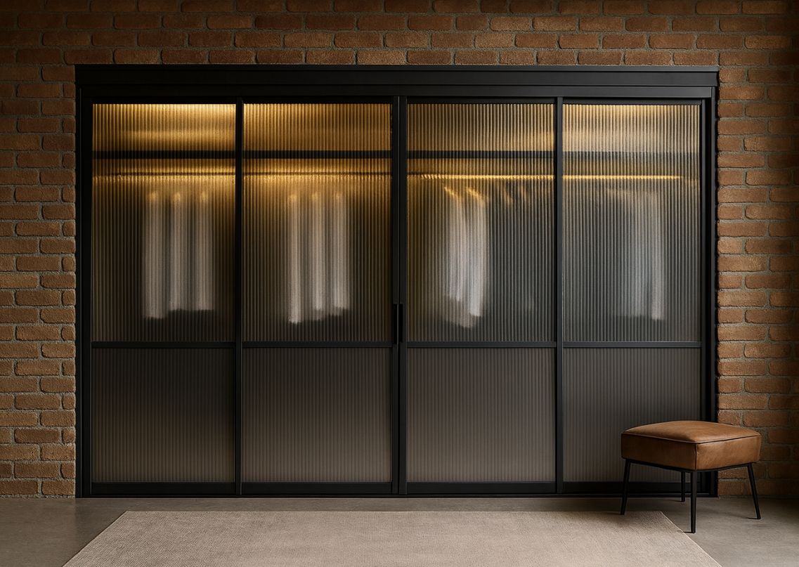 Textured glass wardrobe with warm lighting design - Beautiful Homes