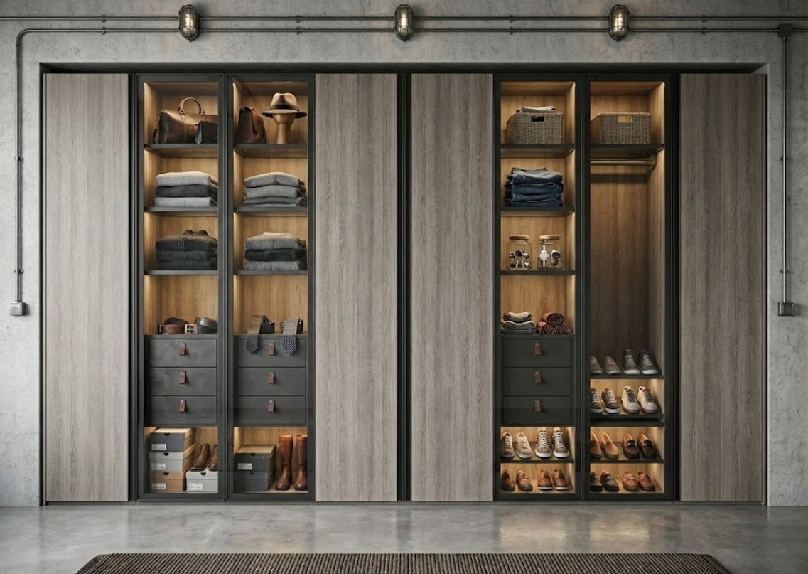 Wooden wardrobe with open shelves and lighting - Beautiful Homes