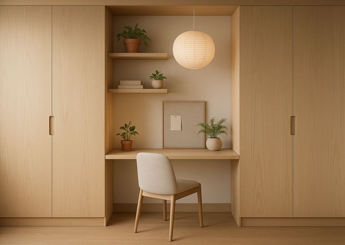 Minimalist wooden study room with integrated shelves - Beautiful Homes
