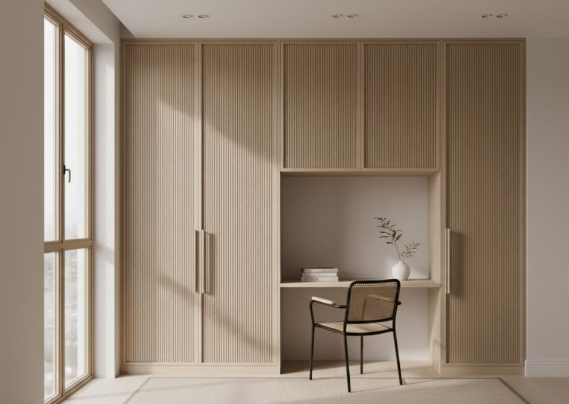 Wooden wardrobe with study table and chair setup - Beautiful Homes