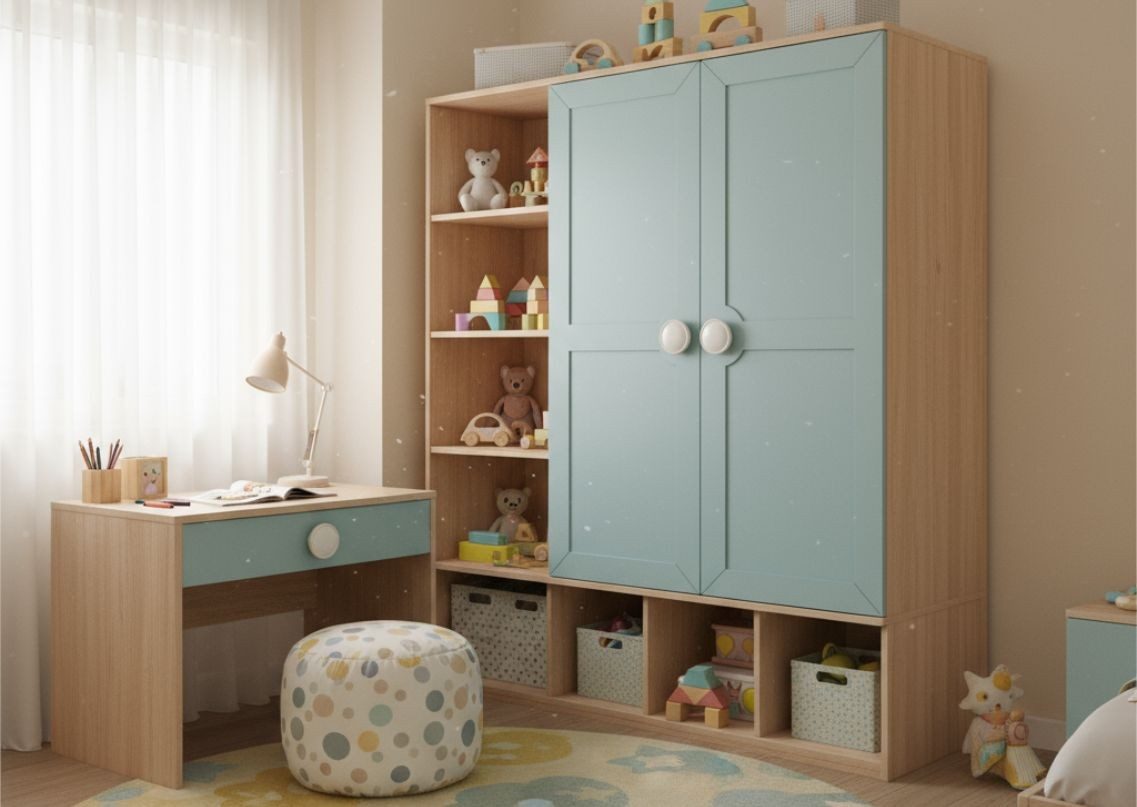 Kid-friendly study room with blue and wooden furniture - Beautiful Homes