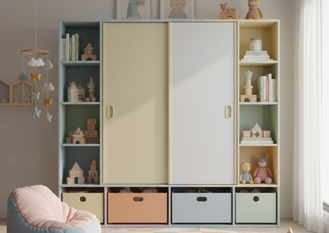 Kids' wardrobe with sliding doors and pastel colours - Beautiful Homes