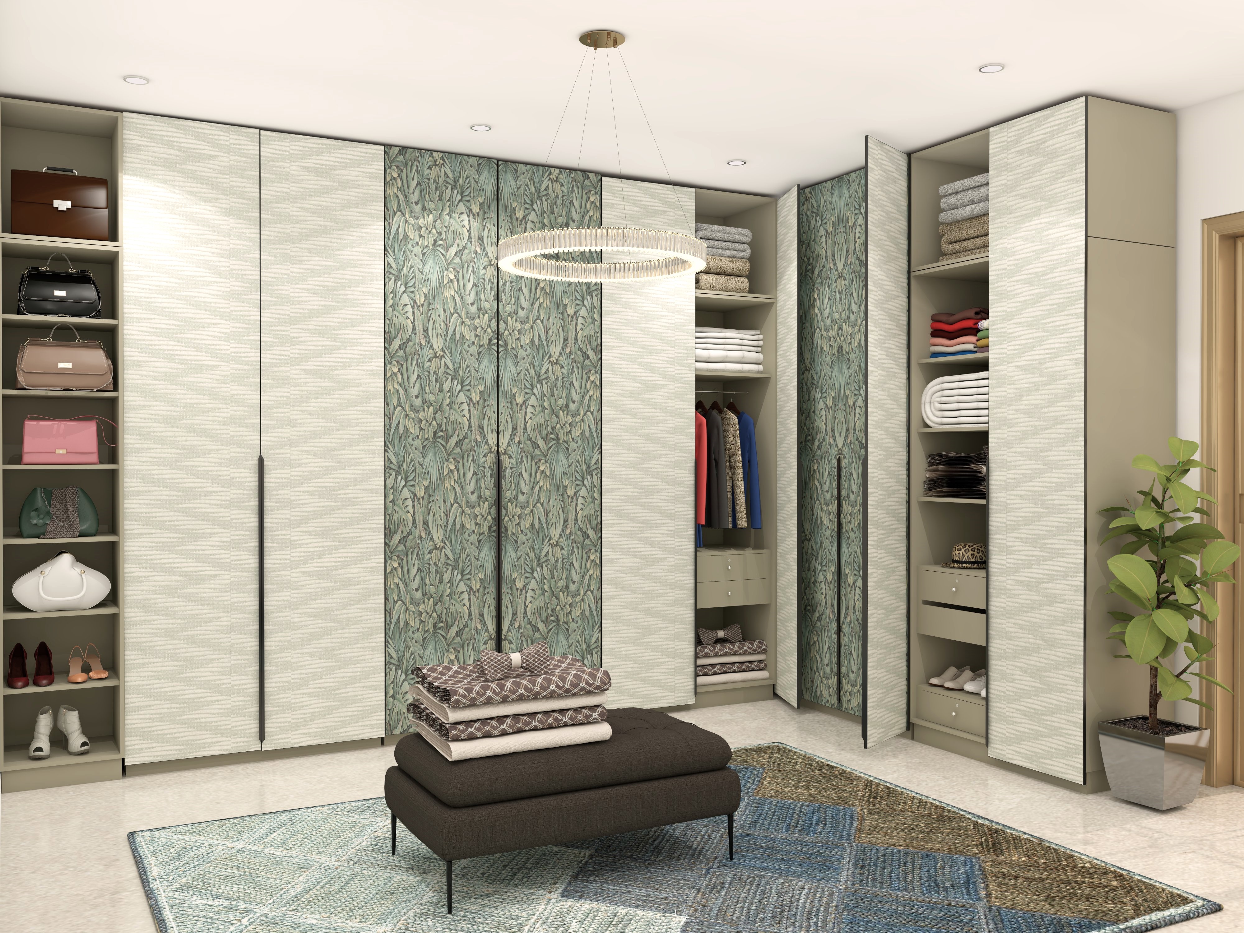 L-shaped full height wardrobe with wallpaper finish shutters - Beautiful Homes