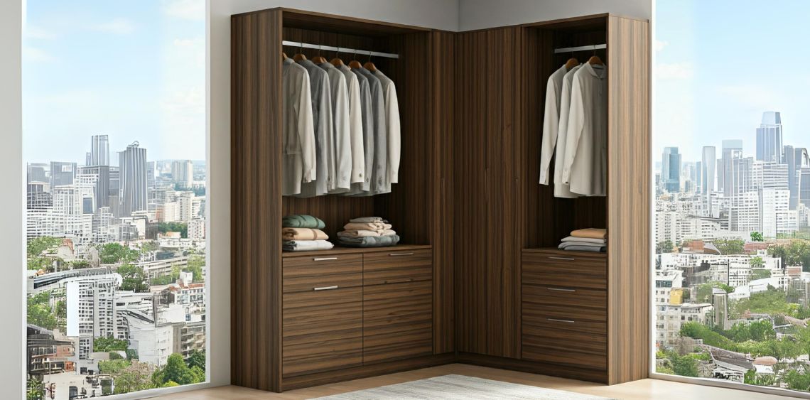 L-shaped swing wardrobe design in walnut colour - Beautiful Homes