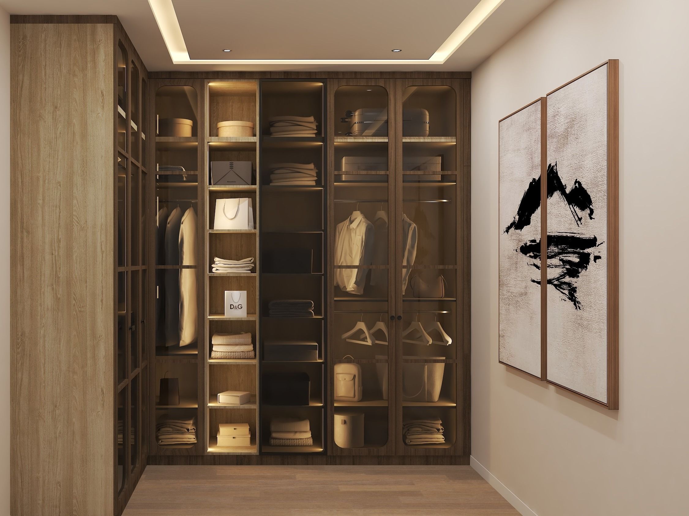 Elegant walk-in closet featuring dark wood cabinetry, glass doors, and integrated LED lighting - Beautful Homes