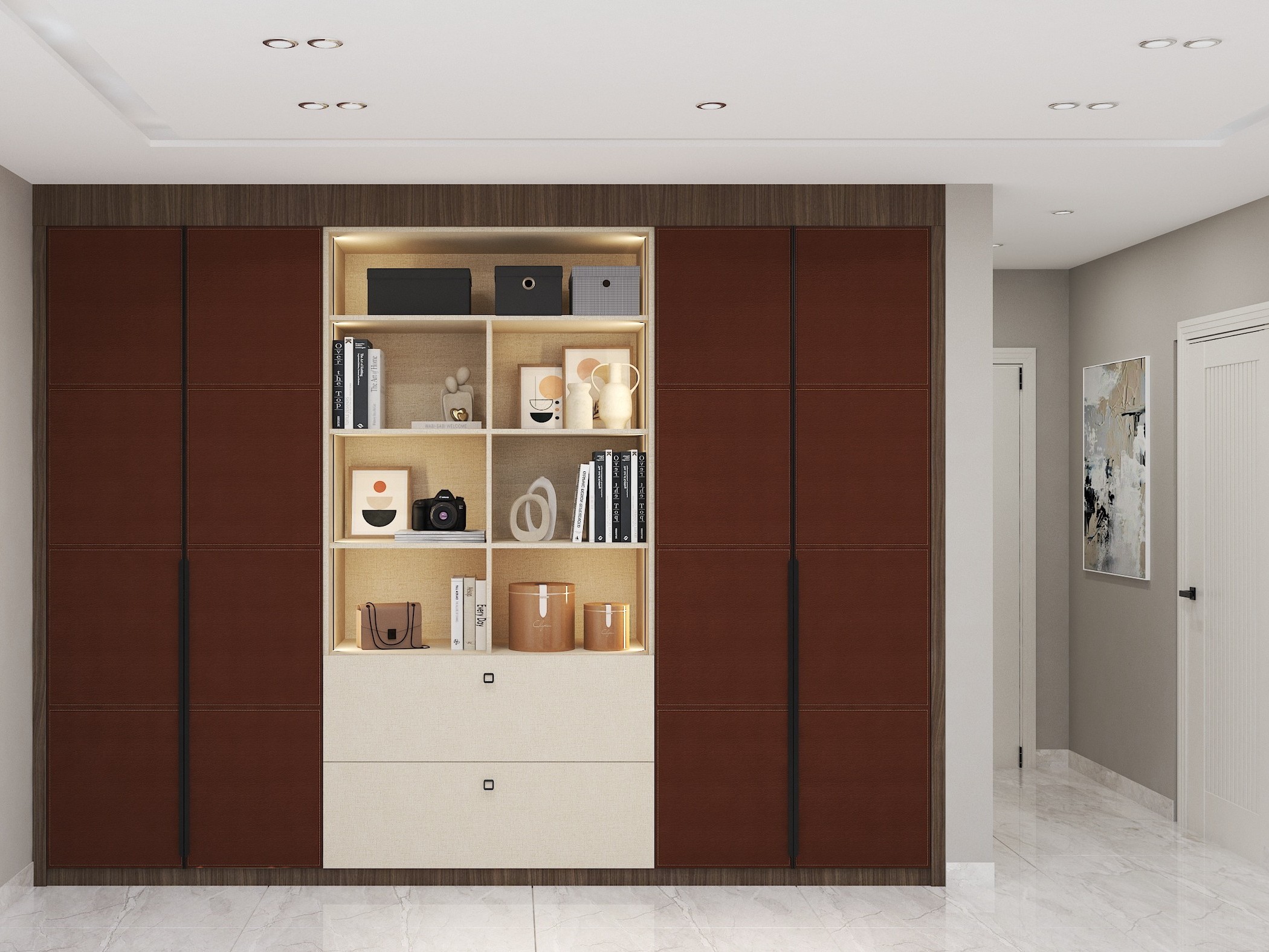Stylish wardrobe with wood panels and shelves - Beautiful Homes