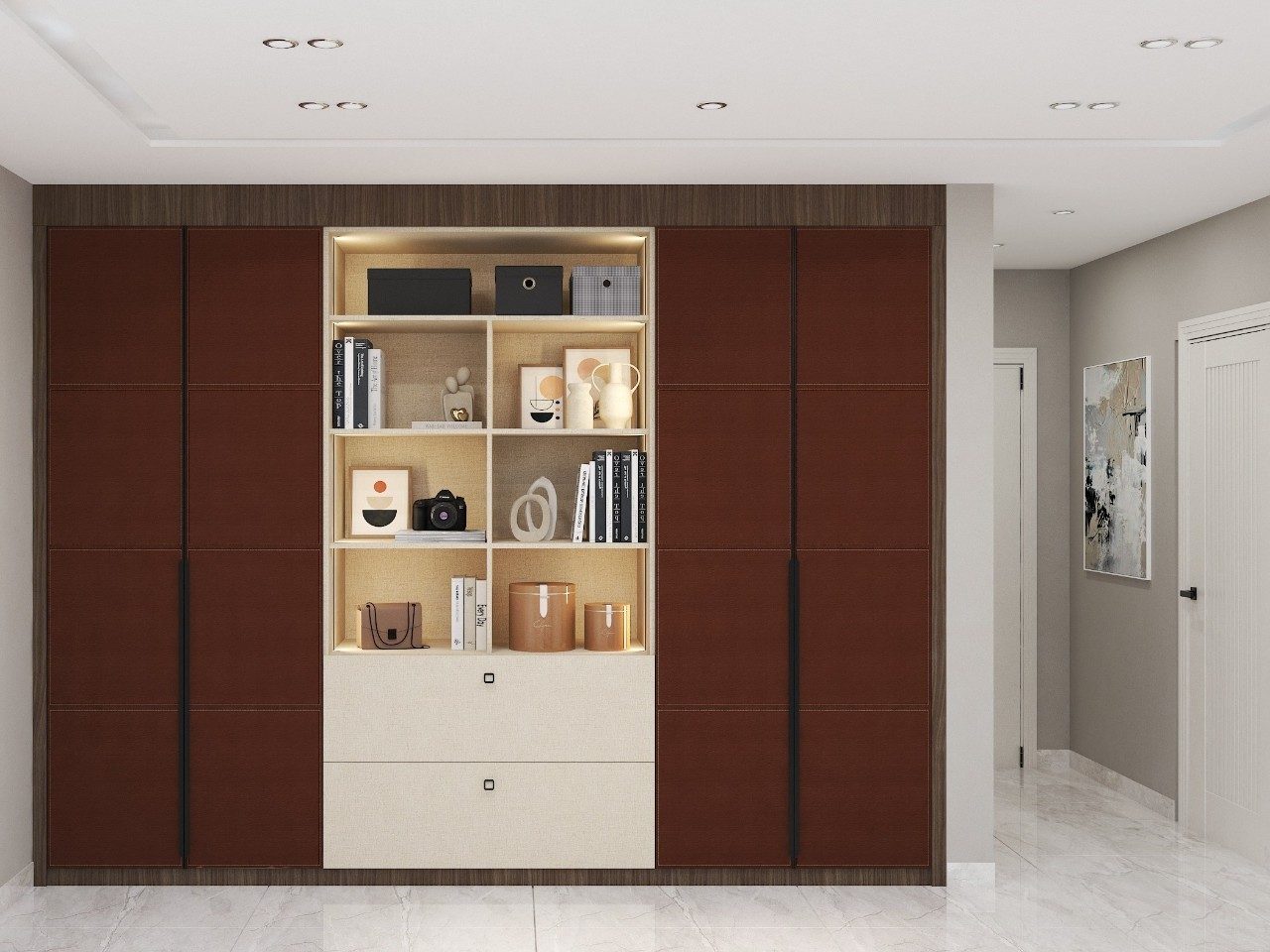 Stylish wardrobe with wood panels and shelves - Beautiful Homes