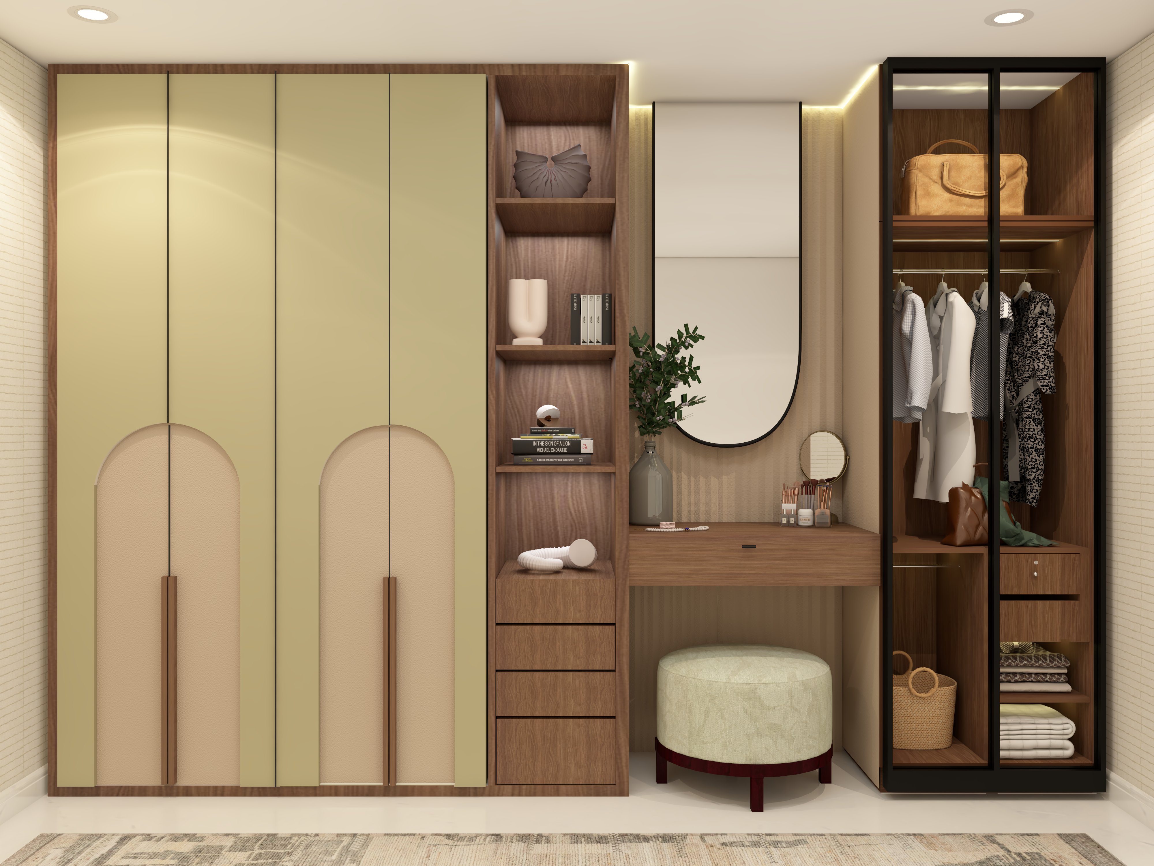 Light green wardrobe with integrated shelves and wooden dressing unit - Beautiful Homes