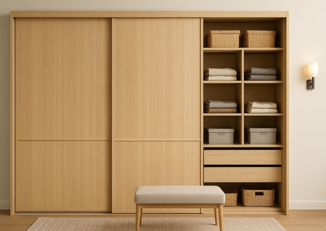 Wooden sliding wardrobe with open shelves and bench - Beautiful Homes