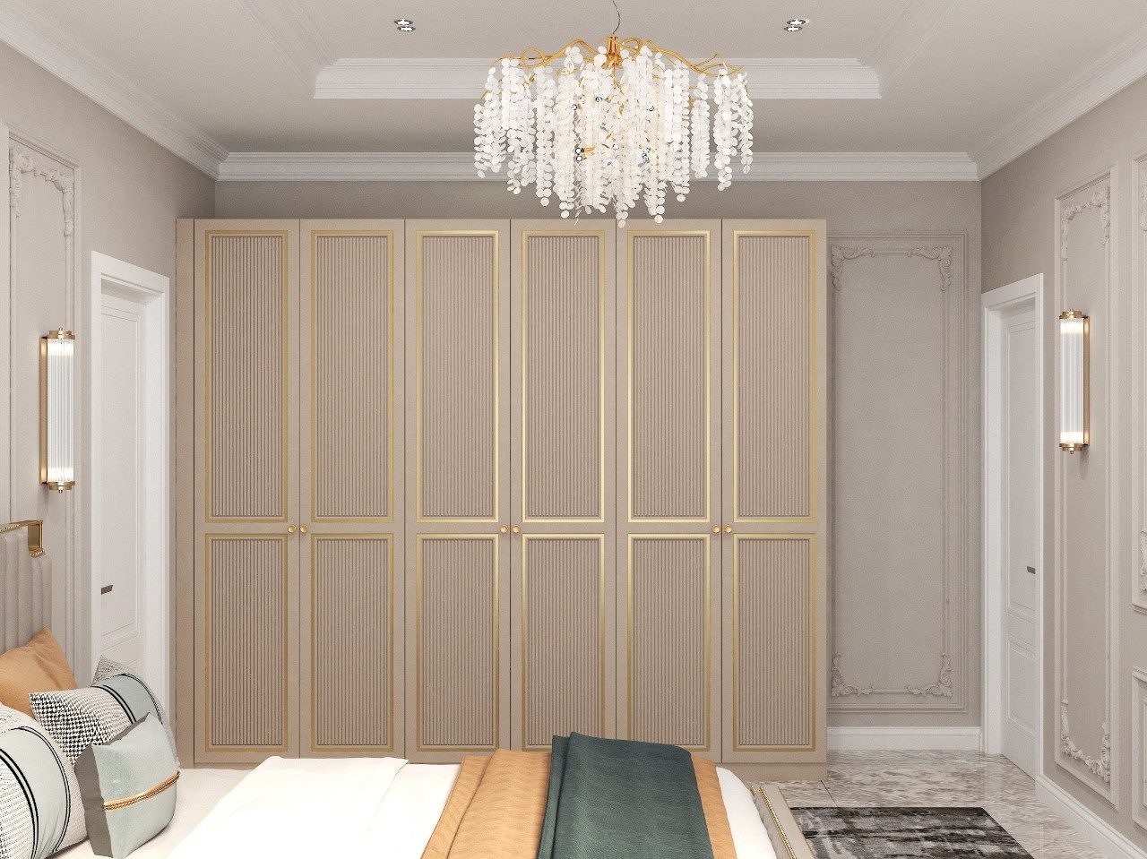 Luxury bedroom with golden wardrobe and chandelier - Beautiful Homes