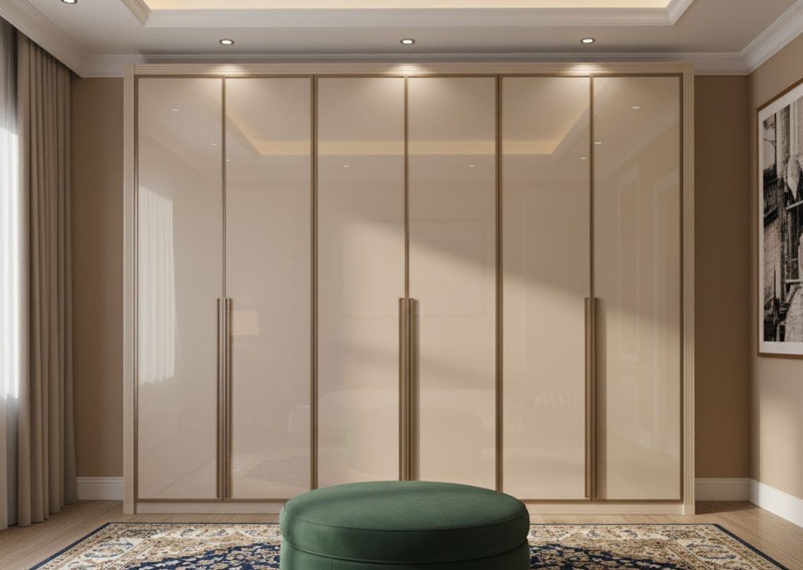 Luxury beige wardrobe with glossy finish and handles - Beautiful Homes
