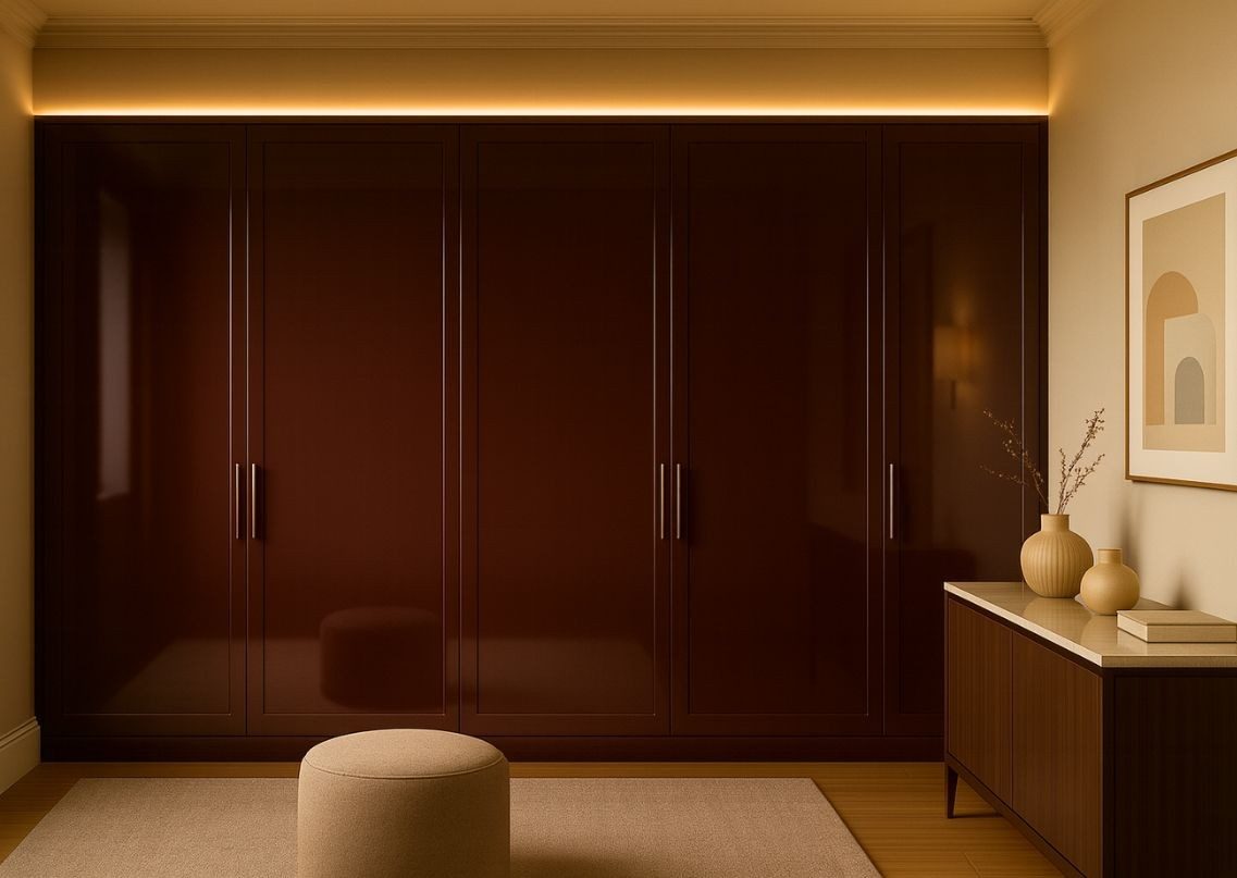 Glossy maroon wardrobe with metallic handles - Beautiful Homes