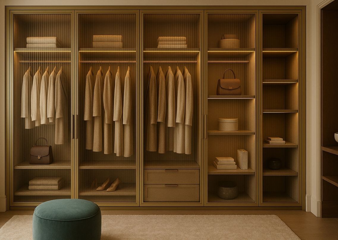 Modern wooden wardrobe with glass panels and lighting - Beautiful Homes