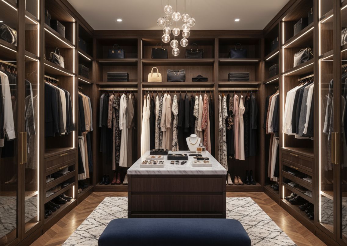 Luxurious walk-in closet with wooden shelves - Beautiful Homes