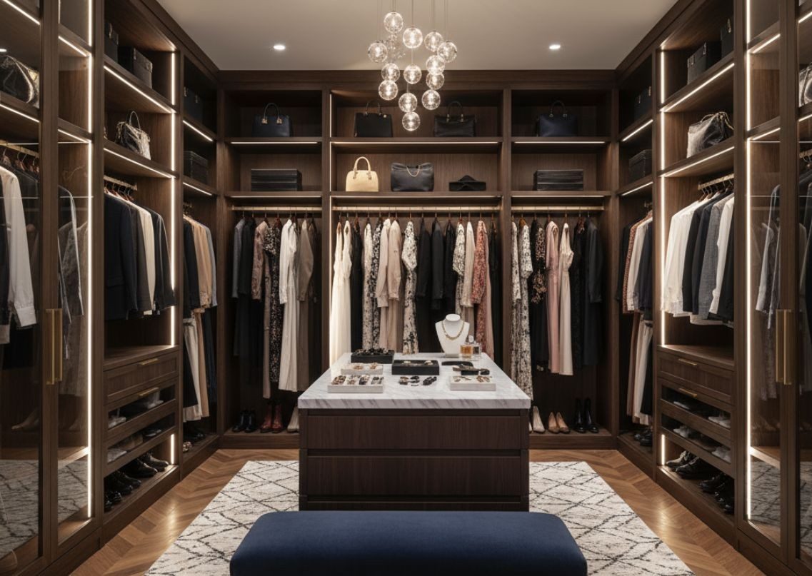 Luxurious walk-in closet with wooden shelves - Beautiful Homes