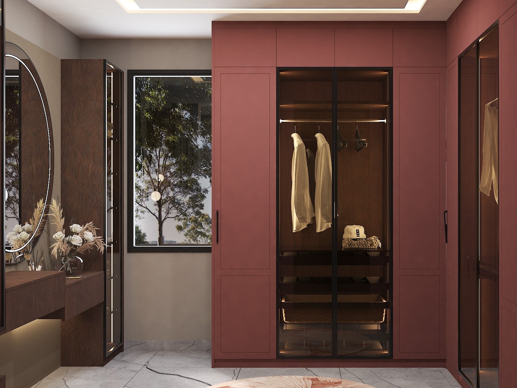 Bedroom wardrobe with wooden and glass sliding doors - Beautiful Homes