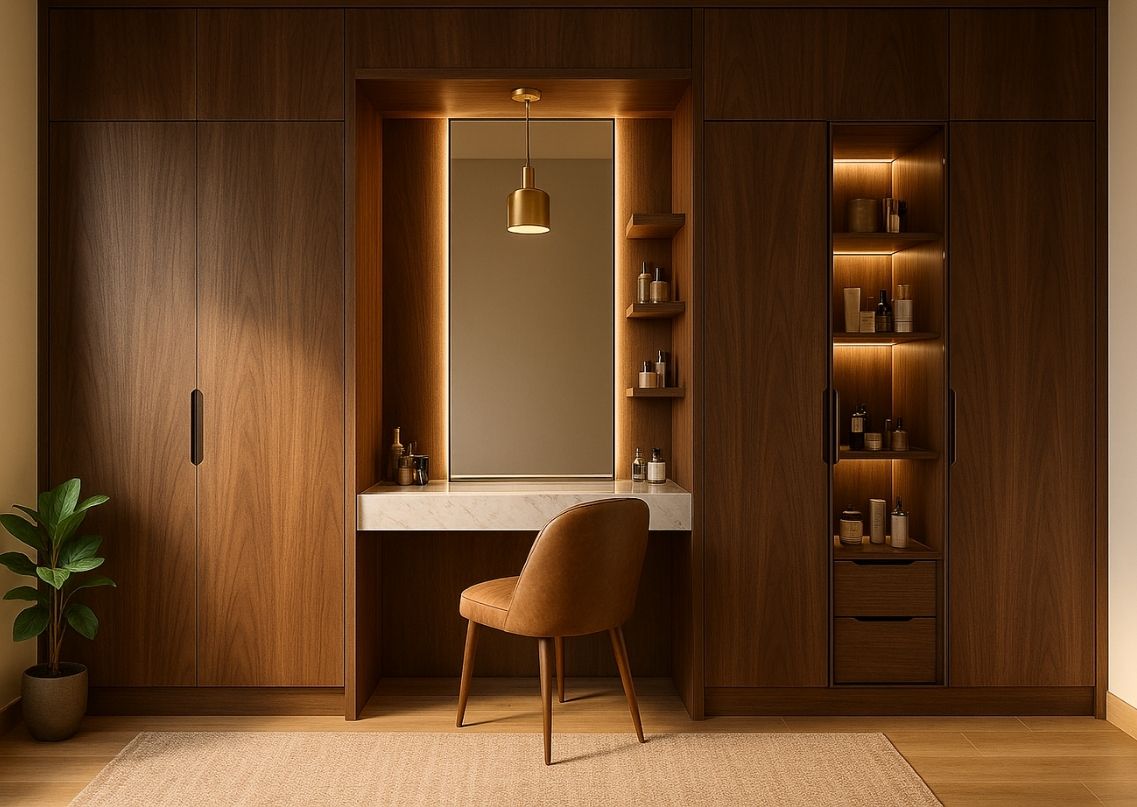 Wooden wardrobe with vanity and lighting accents - Beautiful Homes