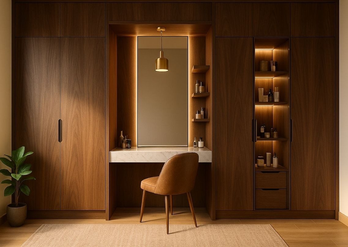 Wooden wardrobe with vanity and lighting accents - Beautiful Homes