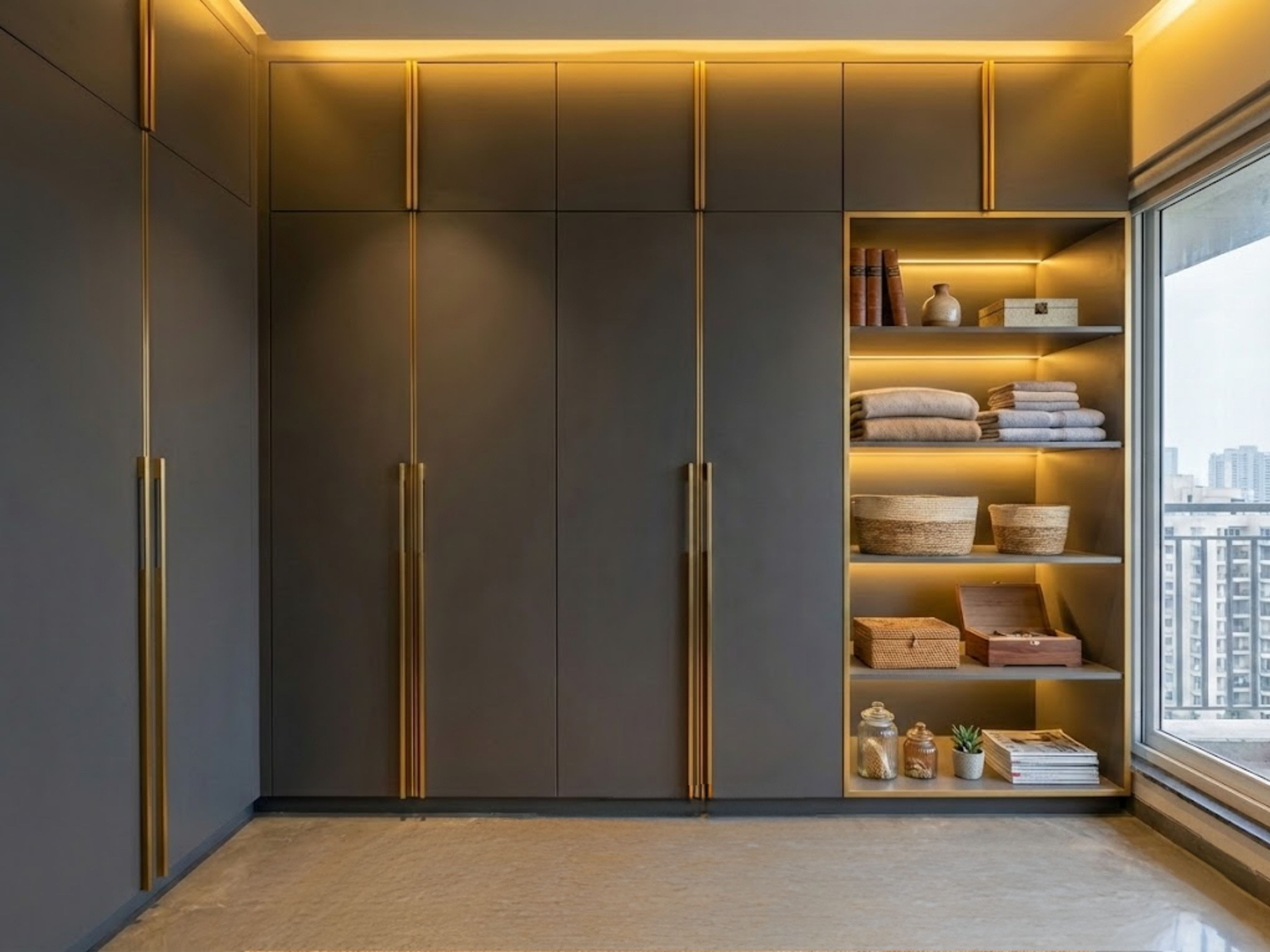 Modern wardrobe with gold handles and illuminated shelves - Beautiful Homes