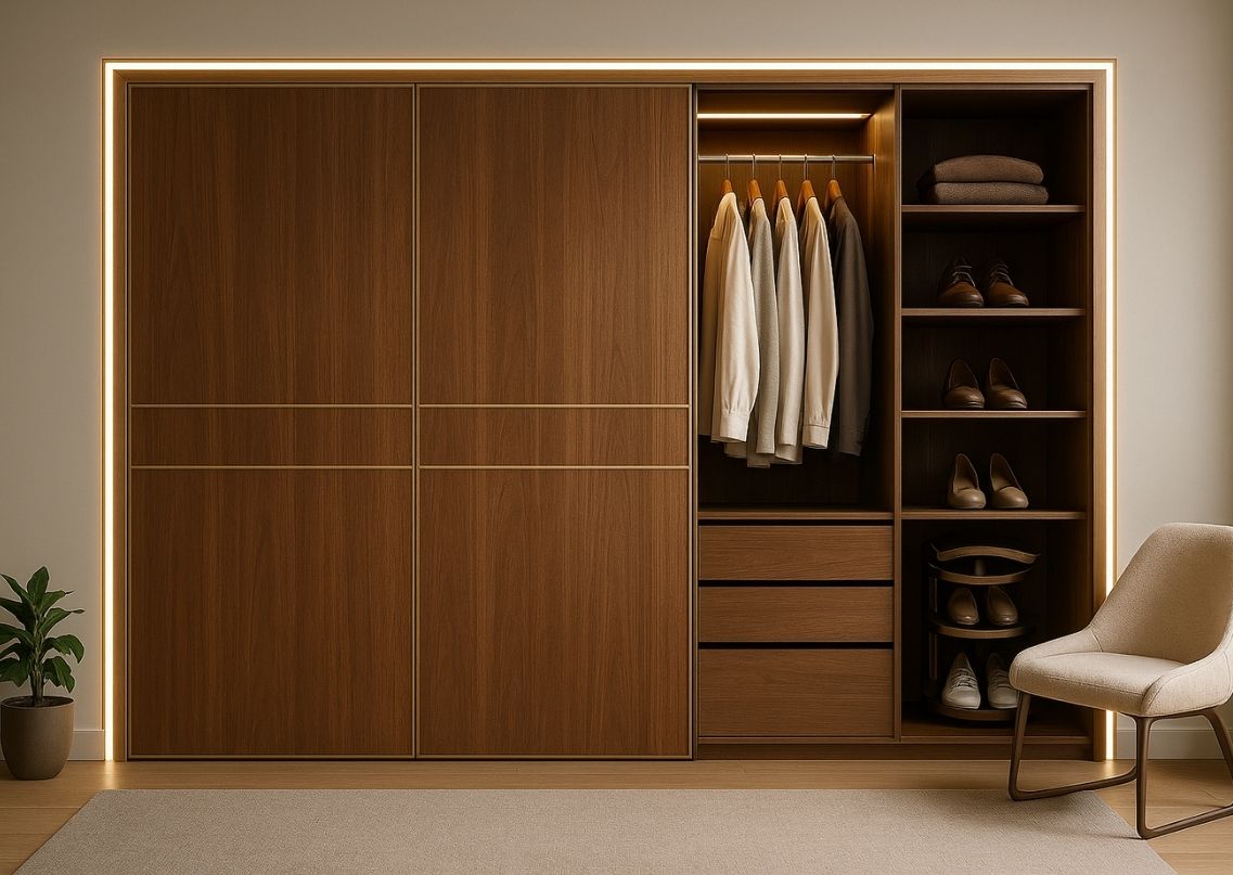 Wooden wardrobe with sliding doors and open shelves - Beautiful Homes