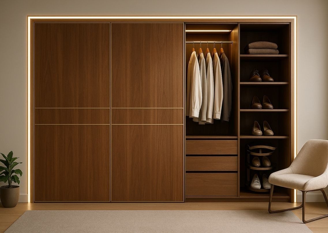 Wooden wardrobe with sliding doors and open shelves - Beautiful Homes