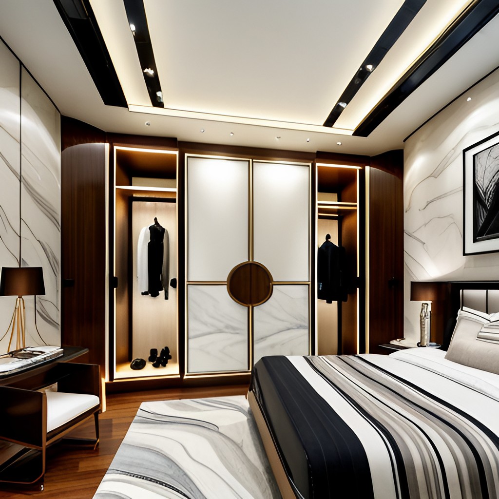 Marble wardrobe design with strip lights and marble walls-BeautifulHomes